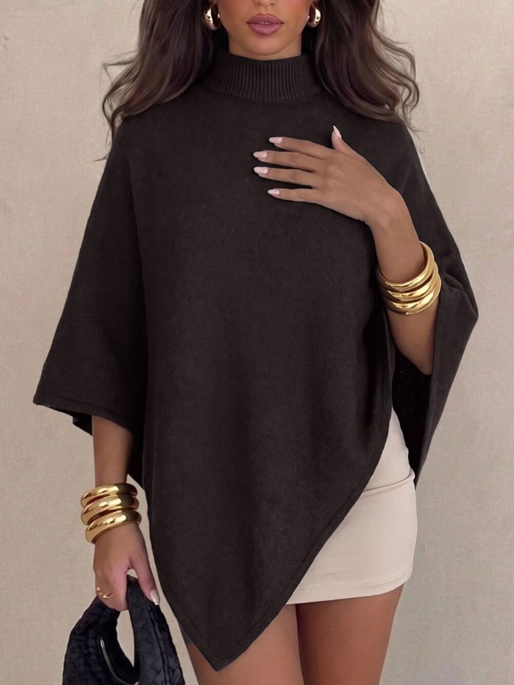 Coffee Brown Casual Women's Shawl Cape Sweater